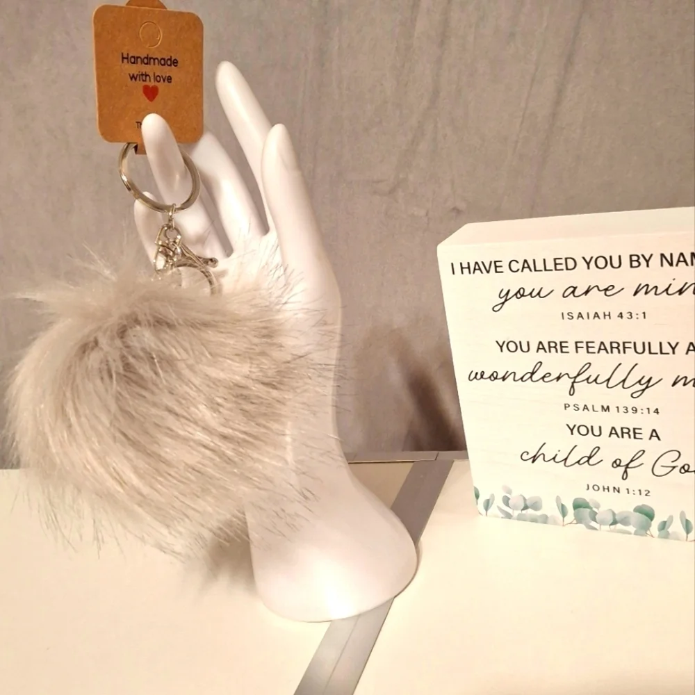 Keyring bag charm Handmade Fuzzy silver gray